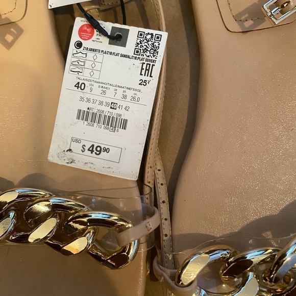 ZARA WOMEN CHAIN TRIM LOW HEELED SANDALS Beige SIZE US9/40 NEW With TAGS - Picture 4 of 9